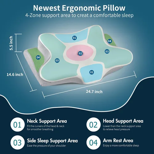 Vista 4 de Almohada cervical para aliviar el dolor de cuello, almohada cervical ergonómica para dormir, almohadas refrescantes de espuma viscoelástica