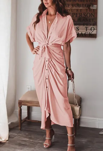 Vista 3 de Linsery Vestido maxi camisero de manga corta con botones y cinturón para mujer, RosaRebel Fun., S