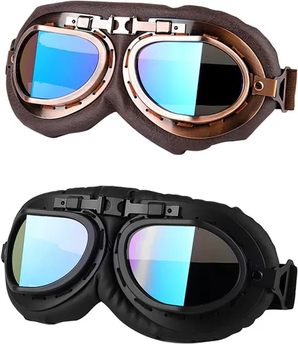 Vista 16 de LJDJ Gafas de motocicleta, paquete de 2 gafas de montar estilo piloto vintage, gafas de hombre ardiente para hombres, mujeres, jóvenes y adultos