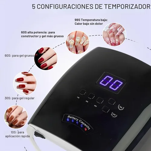 Vista 3 de Lámpara de uñas LED UV inalámbrica, lámpara de uñas de gel recargable de 66 W, luz UV inalámbrica para uñas de gel con sensor automático y 5 Negro