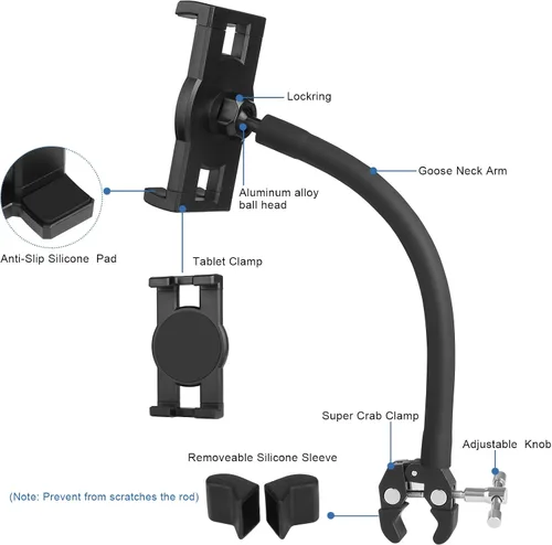 Vista 4 de Mippko Soporte para tableta para cinta de correr/elíptica/bicicleta giratoria/pelotón/ciclo interior, brazo de cuello de cisne, soporte
