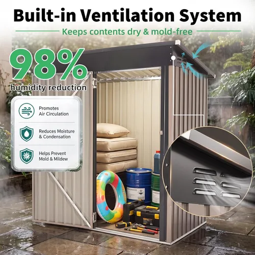 Vista 4 de AECOJOY Cobertizo de almacenamiento de metal para exteriores de 3 x 5 pies, cobertizo de herramientas de jardín resistente con puerta de gran