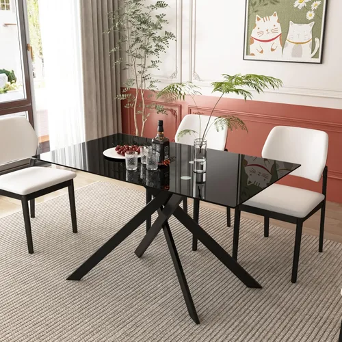 Vista 4 de Mesa de comedor de vidrio negro de 51.2 pulgadas para 4, mesa rectangular de comedor de cocina para 4, mesa rectangular de vidrio templado de 0.32