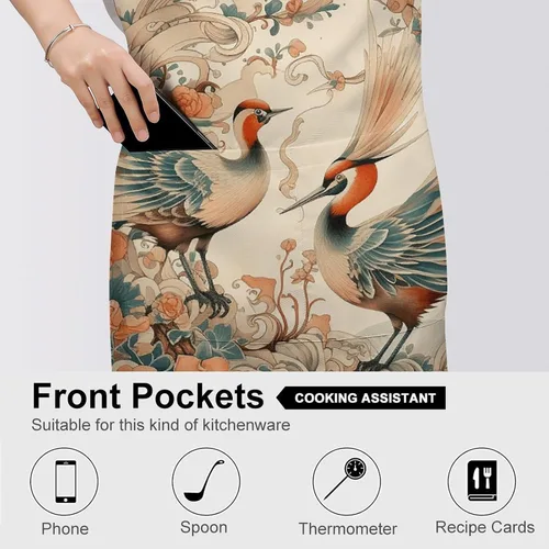Vista 5 de MUSM Apron for Adults - 27.6 X 31.5 Inch, Heavy-Duty Polyester Aprons with Two Large Pockets, Waterproof Painted Bird Pattern Kitchen Apron for