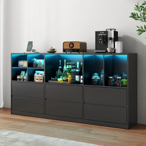 Vista 7 de Gyfimoie Cómoda negra para dormitorio con 6 cajones, cómoda con luces LED y estación de carga, cómoda de 63 pulgadas de largo con 7 cubos abiertos