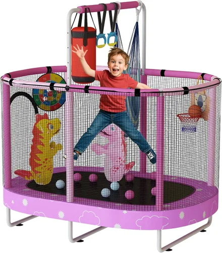 Vista 21 de LAMERGE Trampolín redondo 7 en 1 de 55 pulgadas para niños y niñas de 1 a 8 años, trampolín para interiores y exteriores para diversión, barandilla