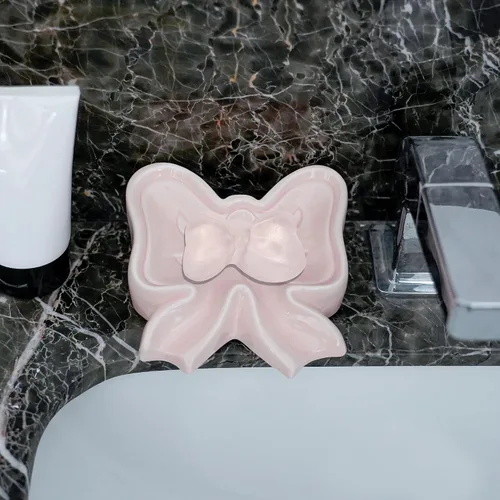 Vista 4 de Jabonera con lazo, caja de jabón de cerámica en forma de lazo, jabones de cerámica para baño, fregaderos, cocina (rosa)