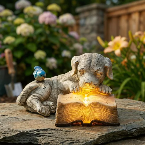 Vista 7 de Topadorn Estatua de jardín solar para cachorros con libro LED brillante, perro de resina pintado a mano con pájaro azul, decoración de patio al aire