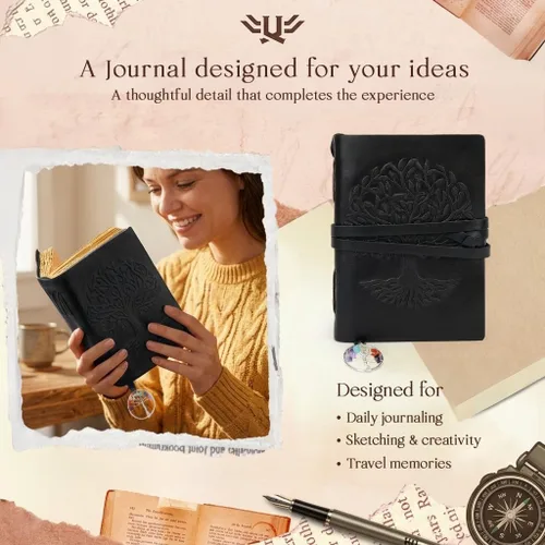 Vista 7 de Diario de cuero para mujeres y hombres, 200 páginas, 5 x 7 pulgadas, regalos para mujeres, diario de viaje, cuaderno de mujer, marcador de 7 chakras