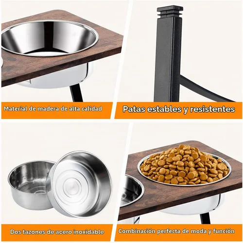 Vista 6 de Cuencos elevados para perros medianos y grandes, soporte elevado de madera con dos cuencos de acero inoxidable de 1700ML (57.5 fl oz) para comida