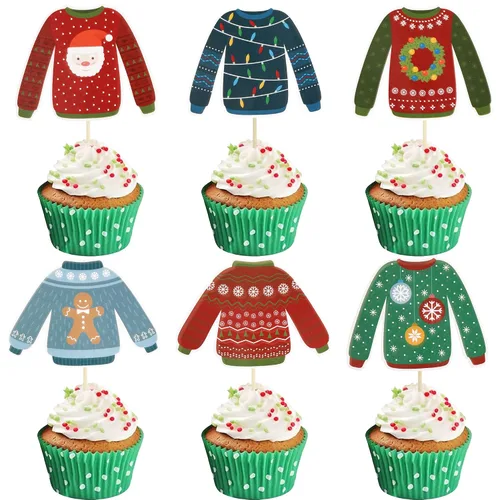 Vista 19 de Gyufise 24 piezas Adornos de pastel para revelación de género de Navidad con purpurina, sombrero navideño de Navidad, adorno de pastel de él o ella