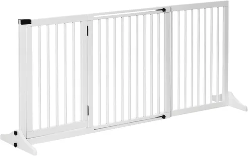 Vista 10 de PawHut Puerta ajustable de madera para mascotas, valla independiente para perro, para puerta, pasillo, 3 paneles con barrera de seguridad, puerta
