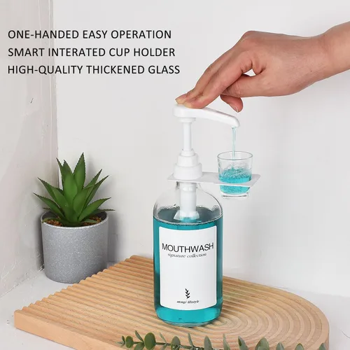 Vista 4 de Dispensador de enjuague bucal de vidrio con portavasos y bomba, dispensador de enjuague bucal rústico bohemio de 16 oz para decoración de baño