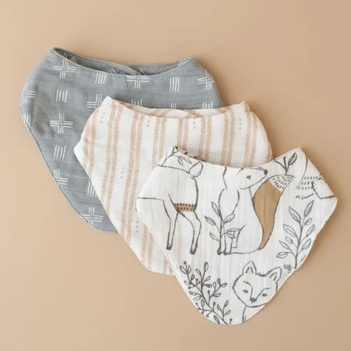 Vista 9 de Crane Baby Juego de baberos de muselina suave, ajustable y absorbente, estilo bandana para niños y niñas, animales del bosque, 3 piezas, 18.5 x 9
