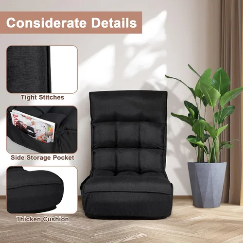 Vista 7 de COSTWAY Sillón plegable de suelo, silla de juegos de suelo con cabezal ajustable de 5 posiciones y respaldo ajustable de 4 posiciones, sofá Negro