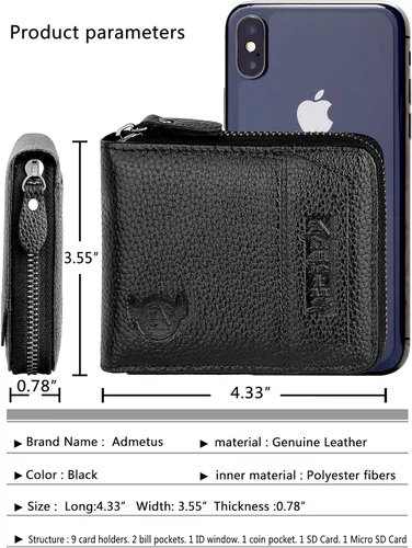 Vista 30 de Admetus - Cartera de piel auténtica para hombre con cremallera, plegable