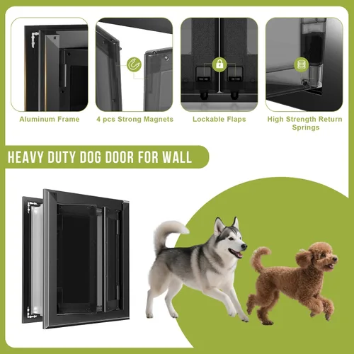 Vista 3 de Puerta para perro para pared, puerta grande resistente para perros con marco de aluminio y túnel telescópico, estilo francés con solapas magnéticas