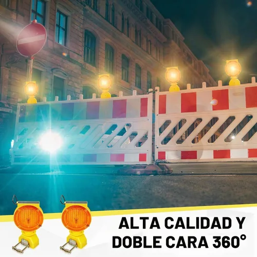 Vista 2 de 2 luces solares intermitentes de tráfico con barricada, ámbar