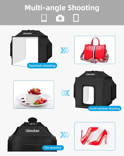 Vista 3 de Caja de Luz Portátil Glendan para Fotografía: Caja de Foto Profesional Ajustable de 16"x16" con Luces LED CRI 480 de Alta Calidad - Caja de Luz