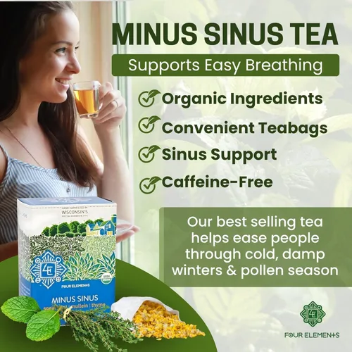 Vista 4 de Four Elements Minus Sinus Tea 16 bolsas (1.2 onzas), menta verde, sin cafeína Té de hierbas de gordolobo, ortiga, flor de saúco, stevia