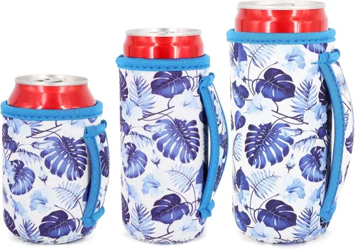 Vista 35 de 3 Pack de fundas aisladas reutilizables de neopreno con asa para soda, bebida energética, refresco, cerveza, seltzer duro, fundas para latas de 12