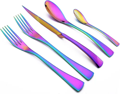 Vista 10 de Juego de cubiertos de acero inoxidable 304 de 20 piezas con cuchara de cuchillo para carne, color negro espejo, servicio para 4