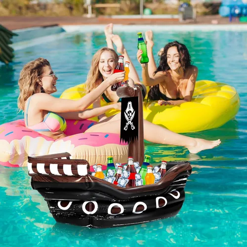 Vista 5 de Zhanmai Enfriador inflable de bebida de barco pirata, contenedor de comida inflable para verano, carnaval, Mardi Gras, fiesta de cumpleaños pirata