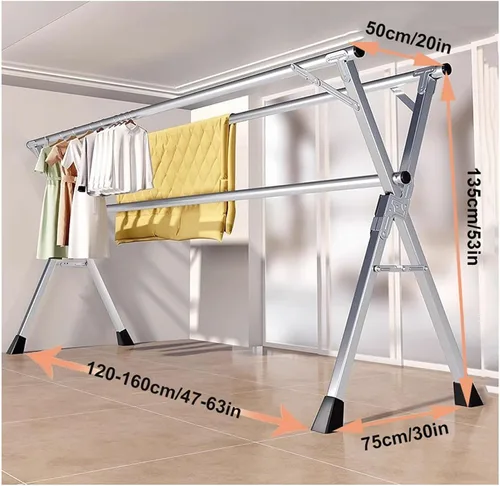 Vista 7 de Heavy Duty Stainless Steel Clothes Drying Rack, 160Cm Foldable & Retractable Laundry Stand with Wheels for Indoor/Outdoor Use – Space-Saving Garment