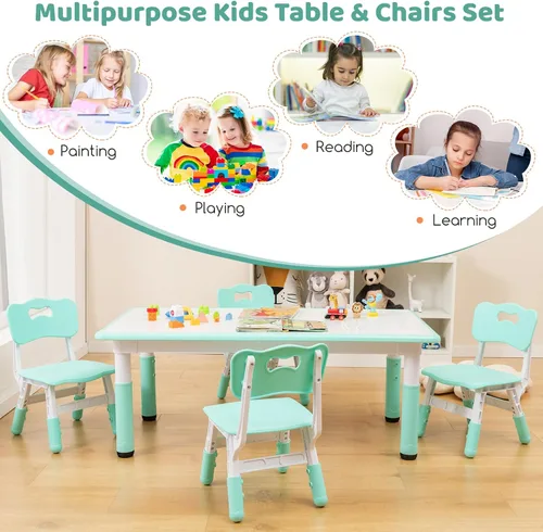 Vista 9 de Costzon Juego de mesa y 4 sillas para niños, escritorio y sillas para niños pequeños de altura ajustable con escritorio de graffiti, patas Verde