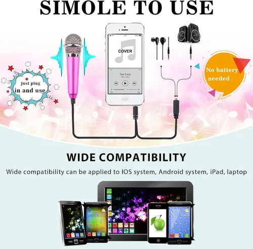 Vista 3 de Mini micrófono pequeño de 4 piezas para grabar voz y canto en iPhone, teléfonos Android o tableta, metal, con cable de 44.5 in, entrada de 0.138 in