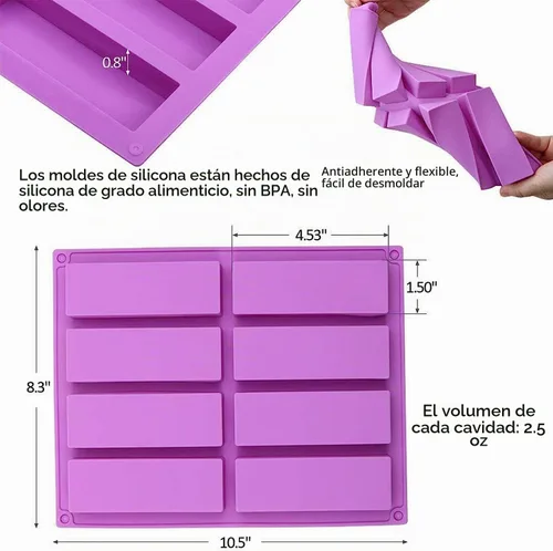 Vista 2 de Molde de silicona rectangular grande, 2 unidades de barra de granola de 8 cavidades, moldes de barra de cereales para hornear para barra energética