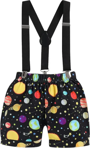 Vista 3 de IMEKIS Mameluco para bebé niño con diseño espacial para primer cumpleaños + pantalones cortos con tirantes, astronautas y accesorios para fotos