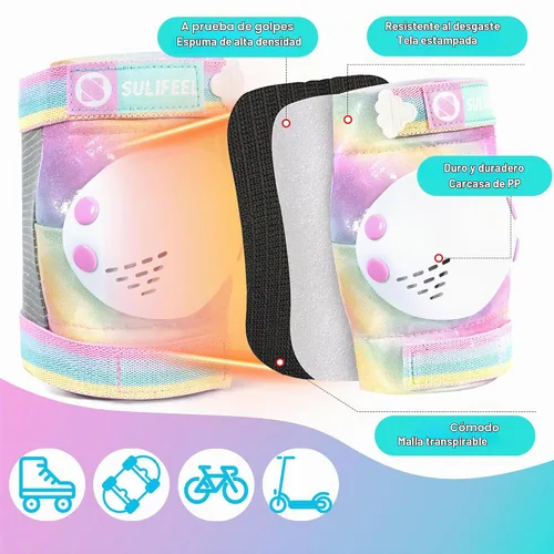 Vista 4 de Rodilleras de arcoíris y unicornio para niños, coderas, muñequeras con bolsa de cordón, juego de equipo de protección ajustable para niñas, patinaje