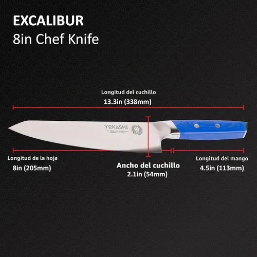 Vista 5 de YOKASHI Excalibur Cuchillo de Chef - Cuchillo de cocina de acero alemán duradero de 8 pulgadas - Cuchillo de cocina afilado para picar, rebanar