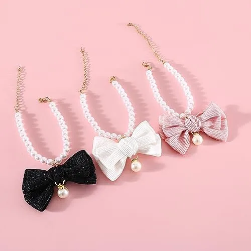 Vista 6 de Paquete de 3 collares de perlas para perro, joyas de perlas elegantes con lazos grandes, lindo collar de boda, accesorios de disfraz para perros