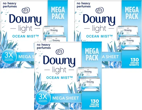 Vista 9 de Downy Hojas para secadora ligeras Mega, suavizante de ropa, Bruma del Océano, 130