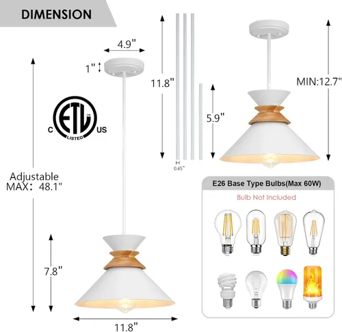 Vista 2 de Luces colgantes blancas de 12 pulgadas para isla de cocina, lámparas colgantes de altura de barra ajustable para comedor, paquete de 3