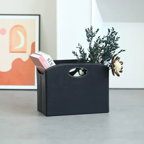 Vista 8 de EZDeco Revistero plegable con soporte para revistas de PU de cuero en el suelo, organizador de archivos de PU para periódicos, libros, cesta