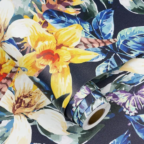 Vista 7 de FunStick Papel tapiz floral azul marino oscuro de 17.5 x 354 pulgadas, despegar y pegar, papel tapiz vintage extraíble, hojas adhesivas, papel