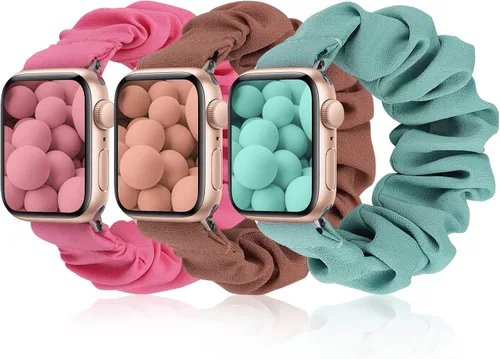 Vista 18 de TOYOUTHS - 3 paquetes compatibles con Apple Watch Band Scrunchies 1.496 in (38 mm) tela suave patrón impreso pulsera de tela para mujer iWatch
