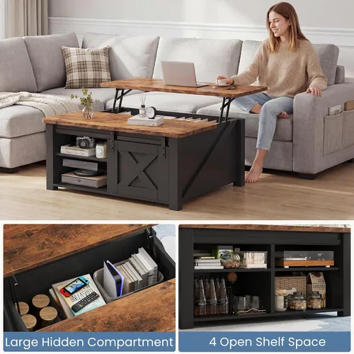 Vista 5 de DUMOS - Mesa auxiliar elevable, mesa central con almacenamiento, mesas cuadradas para sala de estar con estantes ajustables, modernas mesas de Madera