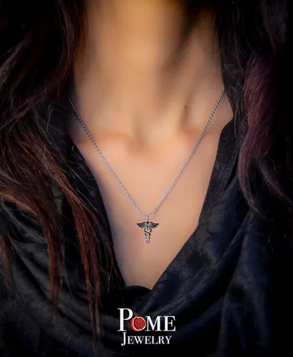 Vista 2 de Pome Collar Caduceus en plata de ley, collar de plata para médico enfermero, fabricado en Estados Unidos