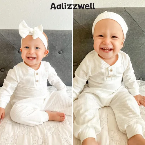 Vista 2 de Aalizzwell Traje acanalado de manga larga neutral para bebé con sombrero y diadema