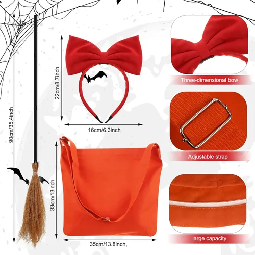 Vista 3 de Girls Witch Costume Anime Cosplay Dress with Tights Wizard Flying Broom Bag Bow Headdress for Kids Halloween Cosplay