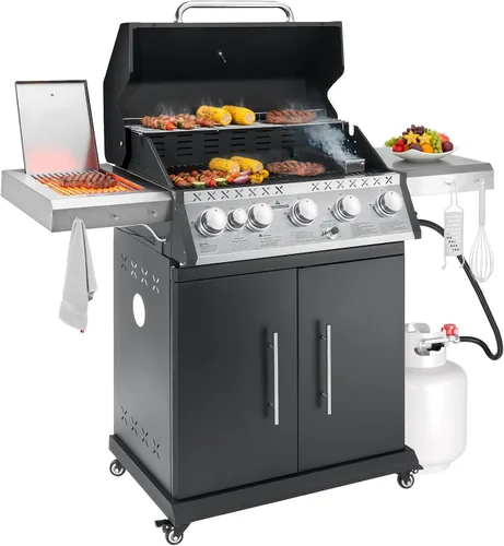 Vista 12 de Parrilla de gas propano, parrilla de barbacoa de acero inoxidable 4+1 con quemador lateral infrarrojo para cocinar al aire libre, color negro