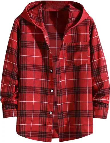 Vista 7 de Camisa a cuadros con botones para hombre, ligera, casual, de manga larga, ajuste holgado, UPF 50+, con capucha y protección solar