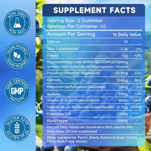 Vista 4 de Gomitas de glicinato de magnesio de 600 mg, suplemento de magnesio y potasio sin azúcar para adultos con L-treonato de magnesio, vitamina D, B6
