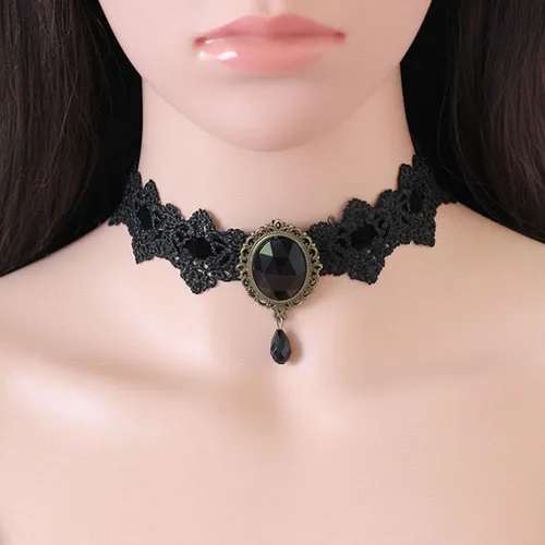 Vista 7 de Gargantilla de encaje gótico retro elegante y sexy, gargantilla de encaje negro con diamantes de imitación, joyería victoriana para mujeres y niñas