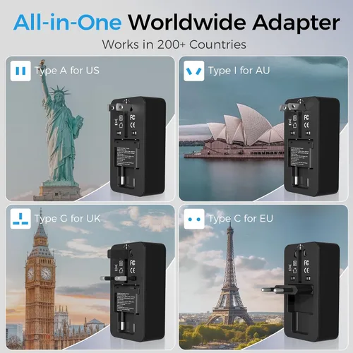 Vista 2 de Adaptador de viaje universal, adaptador de corriente internacional con 1 salida de CA, 1 USB-A y 2 puertos USB-C, funciona en más de 150 países