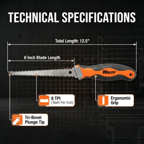 Vista 7 de Mutt Tools - Sierra profesional para paneles de yeso de 6 pulgadas con mango ergonómico, sierra Jab para corte de chapa - Sierra de ojo de cerradura